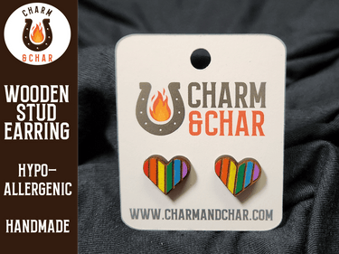 Pride Heart with Rainbow Wood Stud Earrings - Pride Fashion Earring - Stud Earring - Charm and Char